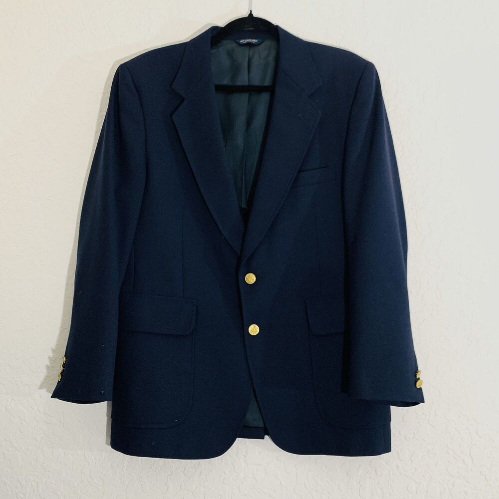 Kuppenheimer Blazer Mens 42 Navy Blue Gold Buttons‎ Crest Regency Wedding Preppy